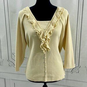 Pastel Yellow Frill front Faux cardigan Pullover Modesty panel Rayon blend XL